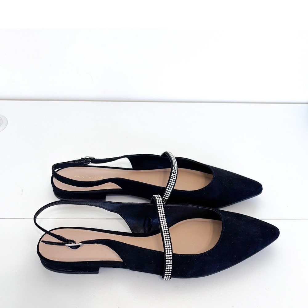 Ann Taylor Womens Rhinestone Slingback Flats 10M Black Suede Dress Shoes